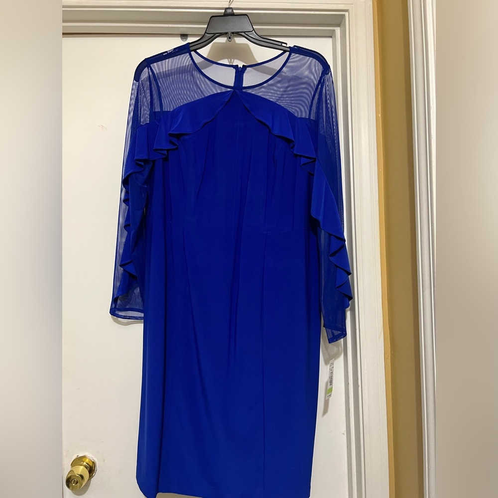 R&M Richard's Plus Size Royal Blue Illusion Ruffle Sheath Dress